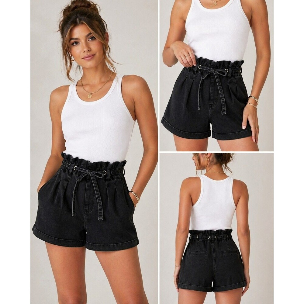 VICI Black Paperbag Waist Shorts High Rise Tie Cotton Minimalist Size M